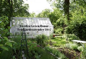 Ett växthus med trädgård i förgrunden och texten Trädgårdstrender 2017 skrivet ovanpå