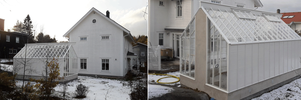 ett växthus med enkelglas förberett för braskamin.