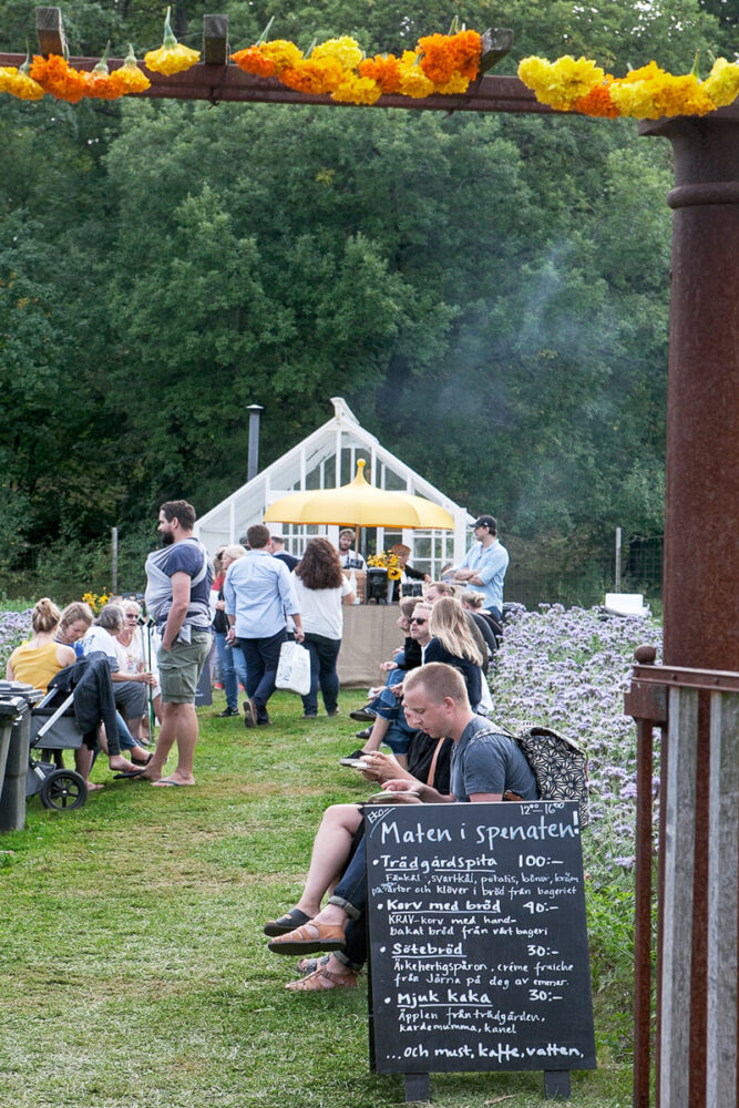 Besökare på skördefest utanför växthuset