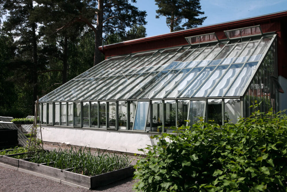 Ett grönt pulpettak växthus