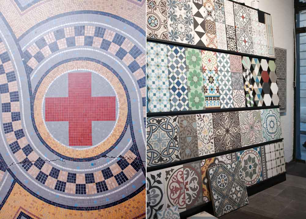 Mönstrad cementmosaik och cementplattor i butiksutställning