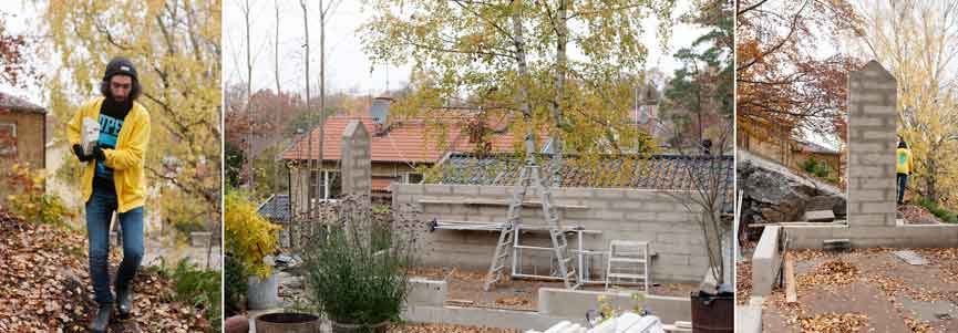 grunden av ett växthus och man med skägg som bär en regel till ett växthus.
