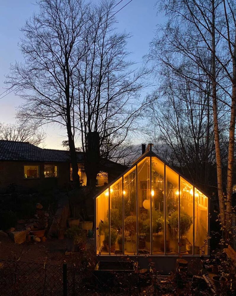Växthus efter skymning.