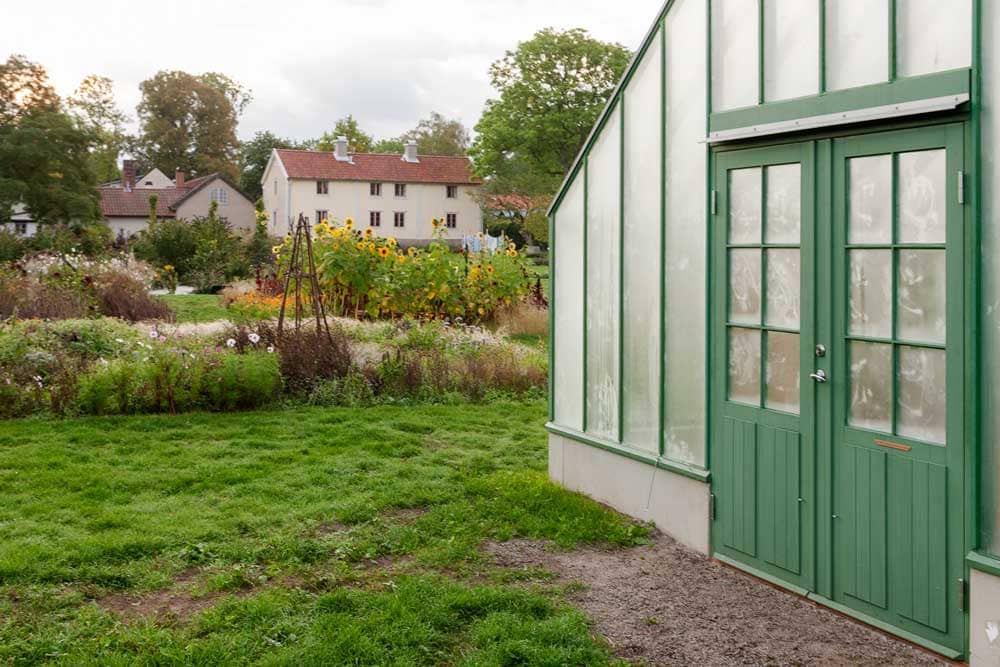Vy över lummig park med växthus i förgrund.