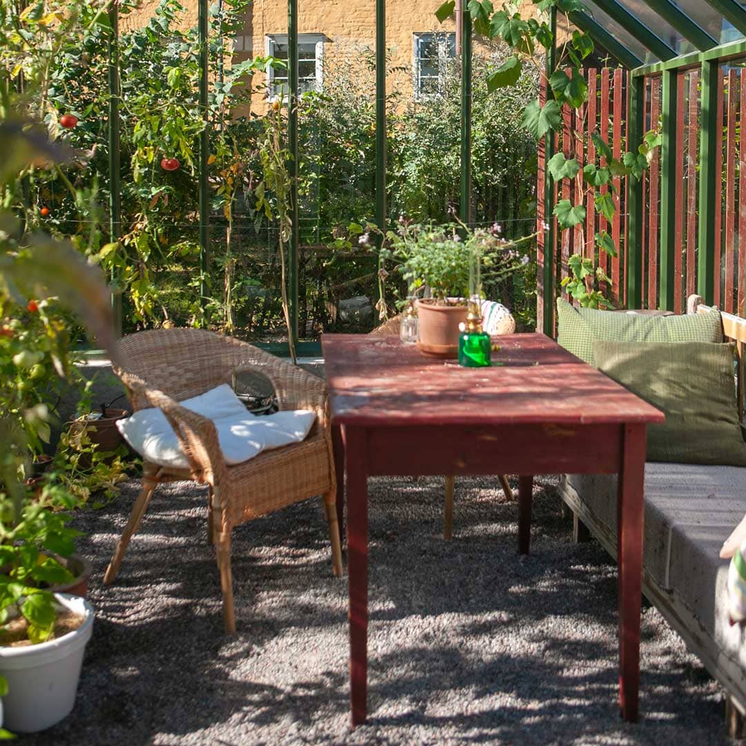 Inredning i grönt växthus.