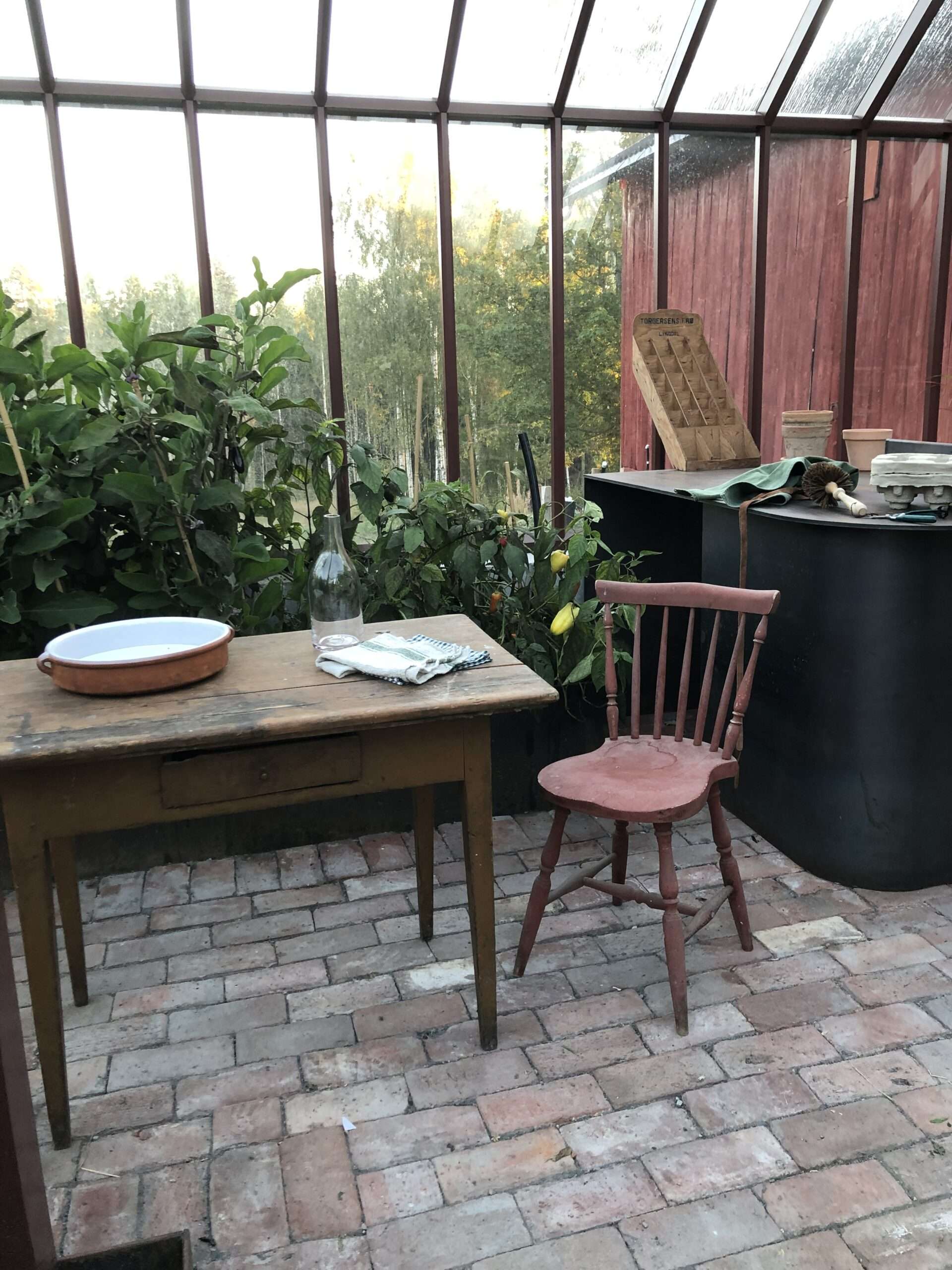 Rött bostadshus i drakstil bakom växthus.